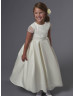 Cap Sleeves Beaded Satin Tea Length Wedding Flower Girl Dress 